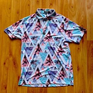 Bad Birdie golf polo with bright printed pattern.